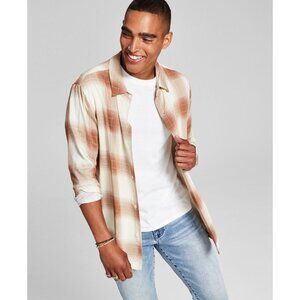 And Now This Mens Plaid Collared Button-Down Shirt, Tan, Size L, NWT